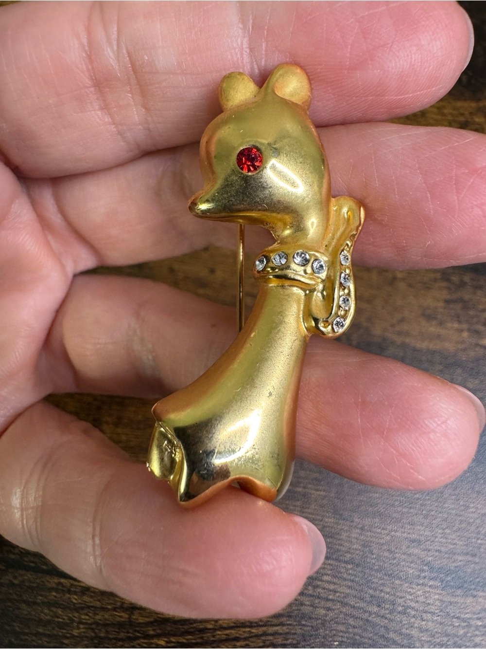 Vintage Gold-tone Baby Giraffe Brooch with Red and Clear Rhinestones